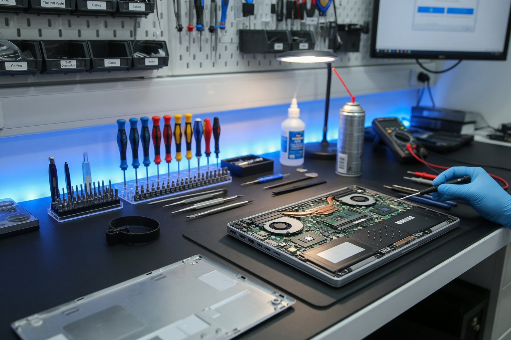 Bancada técnica com ferramentas e equipamento informático em diagnóstico